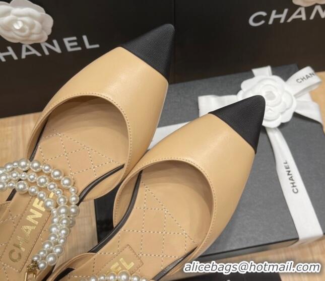 Low Price Chanel Lambskin Flat Pearl Slingbacks G37532 Beige 325059