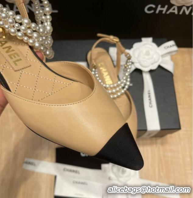 Low Price Chanel Lambskin Flat Pearl Slingbacks G37532 Beige 325059