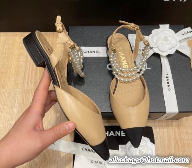 Low Price Chanel Lambskin Flat Pearl Slingbacks G37532 Beige 325059