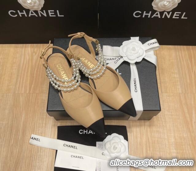 Low Price Chanel Lambskin Flat Pearl Slingbacks G37532 Beige 325059