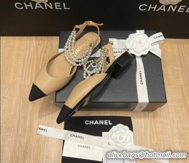 Low Price Chanel Lambskin Flat Pearl Slingbacks G37532 Beige 325059