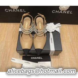 Good Quality Chanel Lambskin Heeled Pearl Slingback Pumps 9cm G37532 Beige 0325060