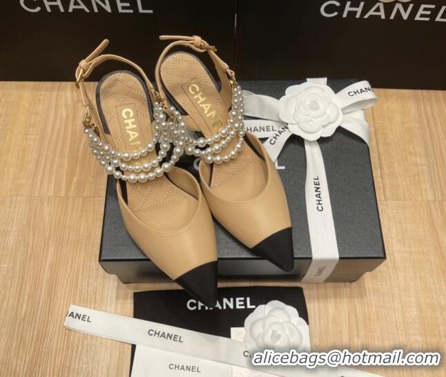 Good Quality Chanel Lambskin Heeled Pearl Slingback Pumps 9cm G37532 Beige 0325060