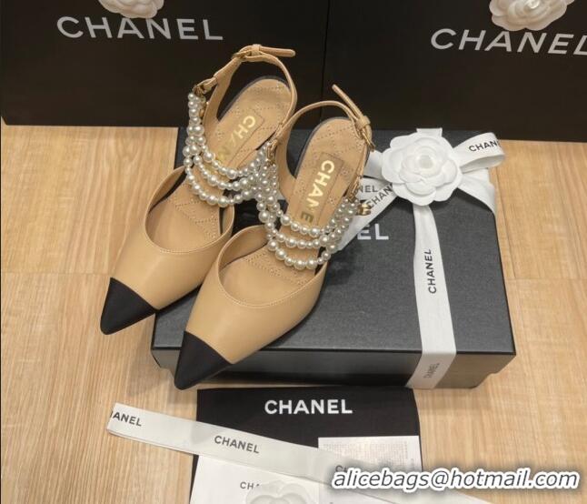 Good Quality Chanel Lambskin Heeled Pearl Slingback Pumps 9cm G37532 Beige 0325060