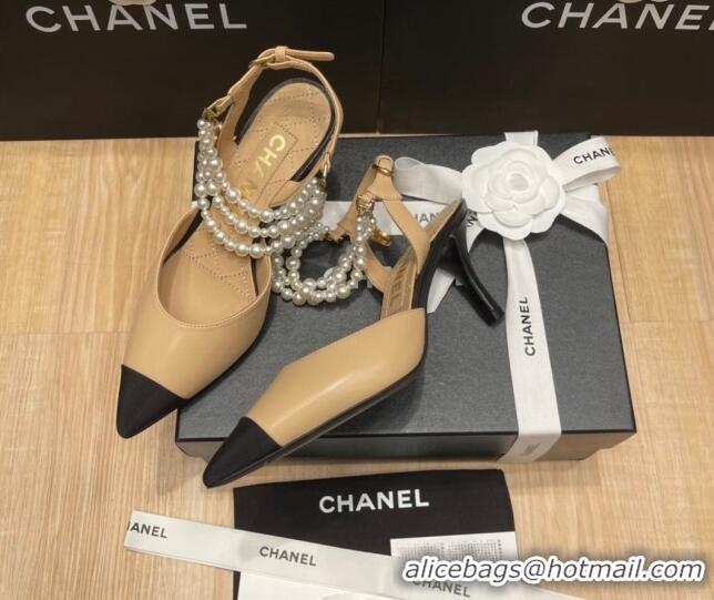 Good Quality Chanel Lambskin Heeled Pearl Slingback Pumps 9cm G37532 Beige 0325060