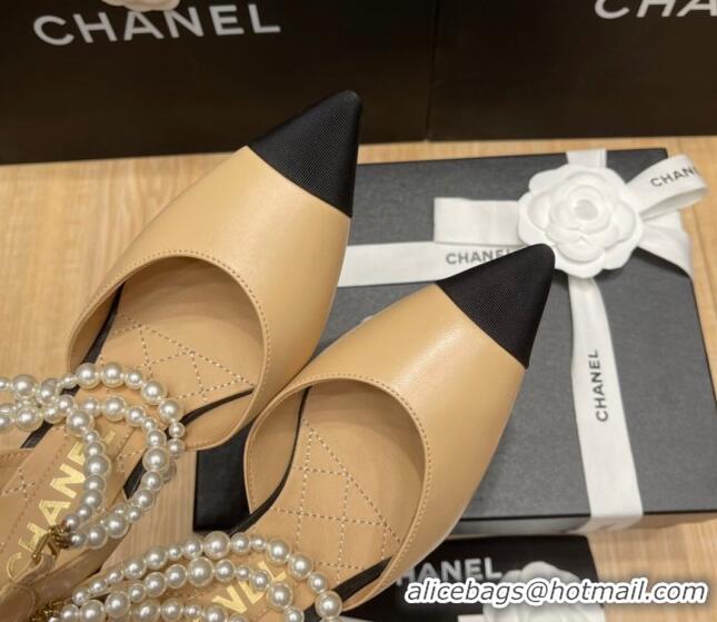 Good Quality Chanel Lambskin Heeled Pearl Slingback Pumps 9cm G37532 Beige 0325060