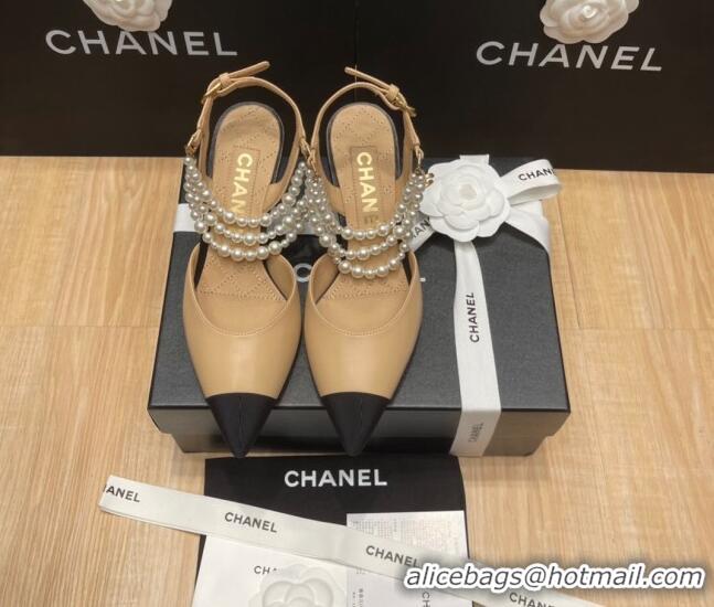 Good Quality Chanel Lambskin Heeled Pearl Slingback Pumps 9cm G37532 Beige 0325060