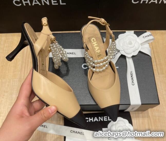 Good Quality Chanel Lambskin Heeled Pearl Slingback Pumps 9cm G37532 Beige 0325060