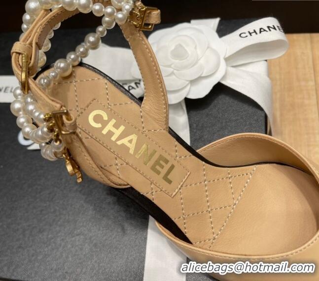 Good Quality Chanel Lambskin Heeled Pearl Slingback Pumps 9cm G37532 Beige 0325060