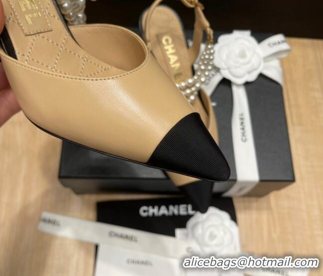 Good Quality Chanel Lambskin Heeled Pearl Slingback Pumps 9cm G37532 Beige 0325060