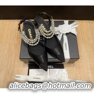 Good Looking Chanel Lambskin Heeled Pearl Slingback Pumps 9cm G37532 Black 325061