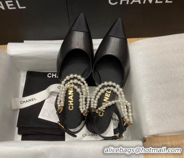 Good Looking Chanel Lambskin Heeled Pearl Slingback Pumps 9cm G37532 Black 325061