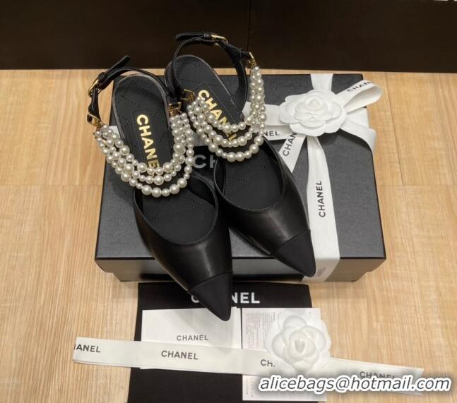 Good Looking Chanel Lambskin Heeled Pearl Slingback Pumps 9cm G37532 Black 325061