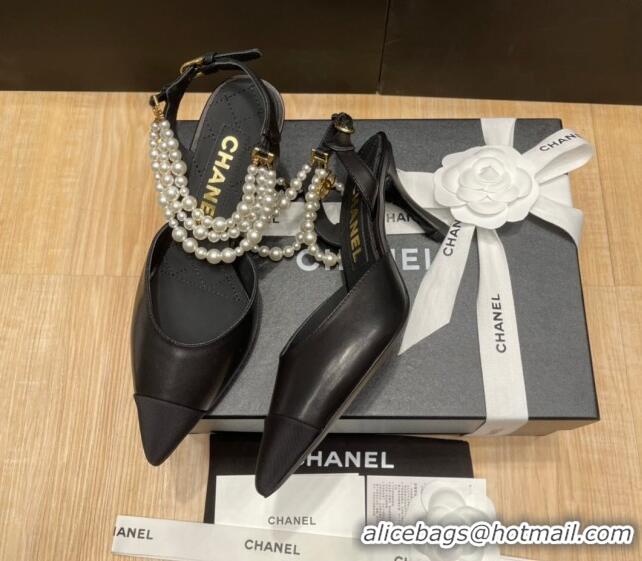 Good Looking Chanel Lambskin Heeled Pearl Slingback Pumps 9cm G37532 Black 325061