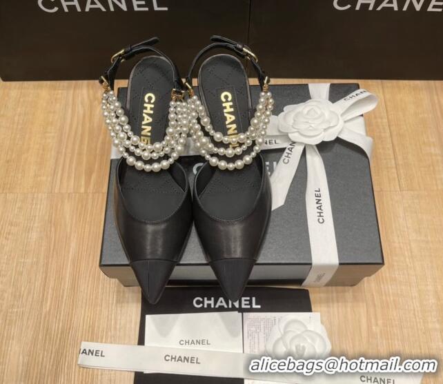 Good Looking Chanel Lambskin Heeled Pearl Slingback Pumps 9cm G37532 Black 325061