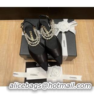 Shop Duplicate Chanel Lambskin Flat Pearl Slingbacks G37532 Black 325062