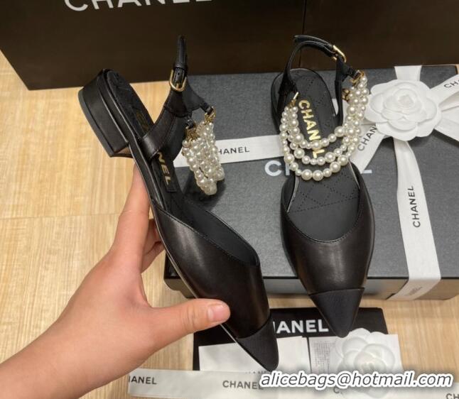 Shop Duplicate Chanel Lambskin Flat Pearl Slingbacks G37532 Black 325062