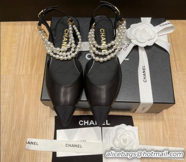 Shop Duplicate Chanel Lambskin Flat Pearl Slingbacks G37532 Black 325062