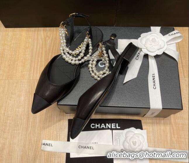 Shop Duplicate Chanel Lambskin Flat Pearl Slingbacks G37532 Black 325062