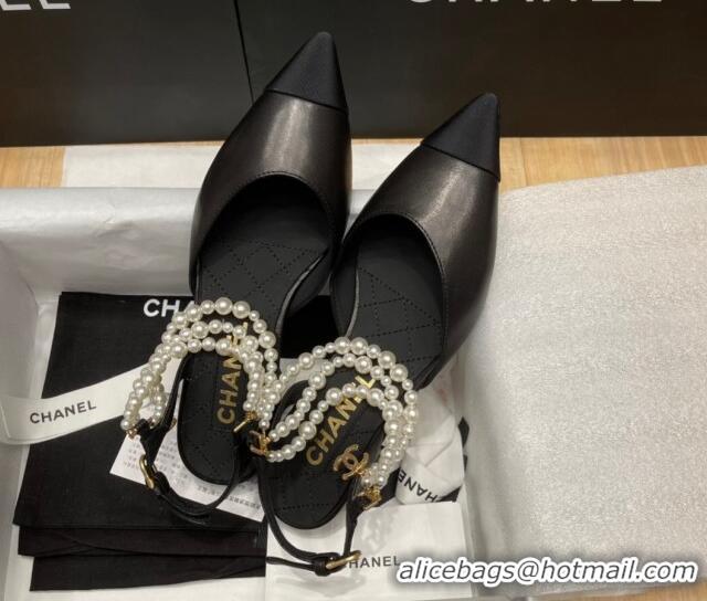 Shop Duplicate Chanel Lambskin Flat Pearl Slingbacks G37532 Black 325062