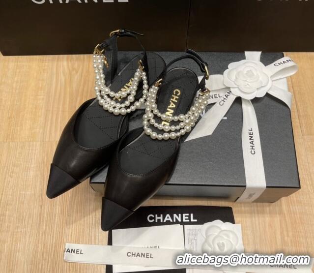 Shop Duplicate Chanel Lambskin Flat Pearl Slingbacks G37532 Black 325062