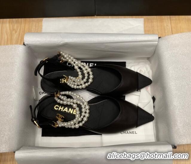 Shop Duplicate Chanel Lambskin Flat Pearl Slingbacks G37532 Black 325062