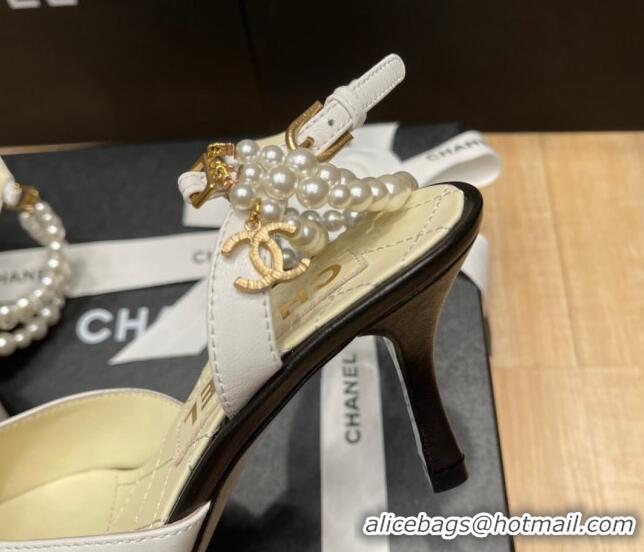 Most Popular Chanel Lambskin Heeled Pearl Slingback Pumps 9cm G37532 White 325063