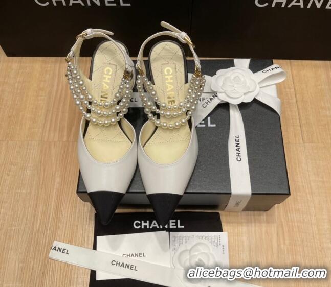 Most Popular Chanel Lambskin Heeled Pearl Slingback Pumps 9cm G37532 White 325063