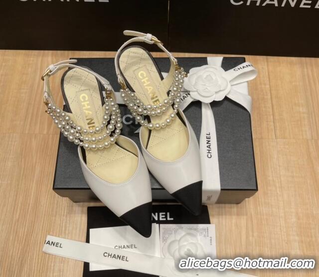 Most Popular Chanel Lambskin Heeled Pearl Slingback Pumps 9cm G37532 White 325063