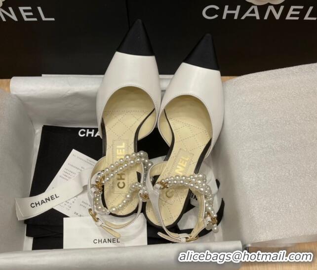 Most Popular Chanel Lambskin Heeled Pearl Slingback Pumps 9cm G37532 White 325063