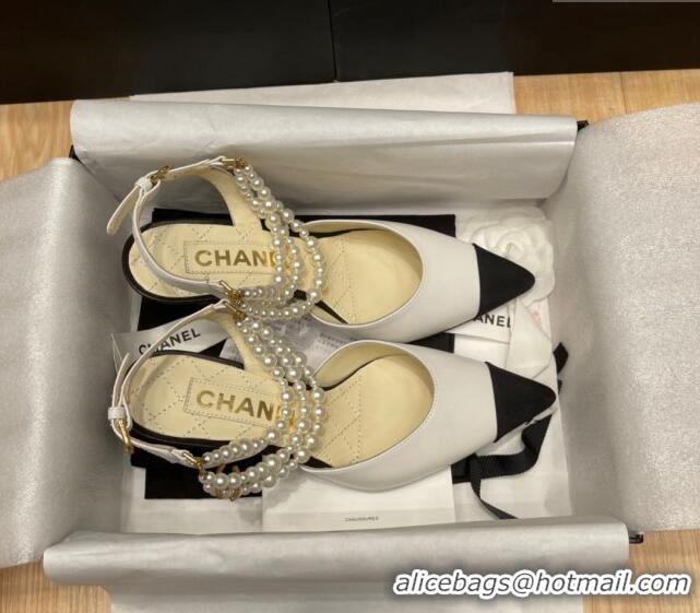 Most Popular Chanel Lambskin Heeled Pearl Slingback Pumps 9cm G37532 White 325063