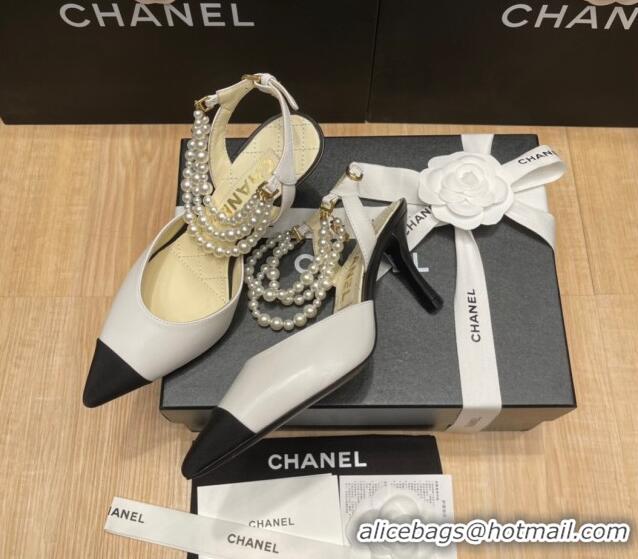 Most Popular Chanel Lambskin Heeled Pearl Slingback Pumps 9cm G37532 White 325063