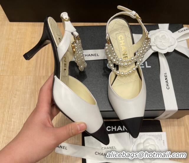 Most Popular Chanel Lambskin Heeled Pearl Slingback Pumps 9cm G37532 White 325063