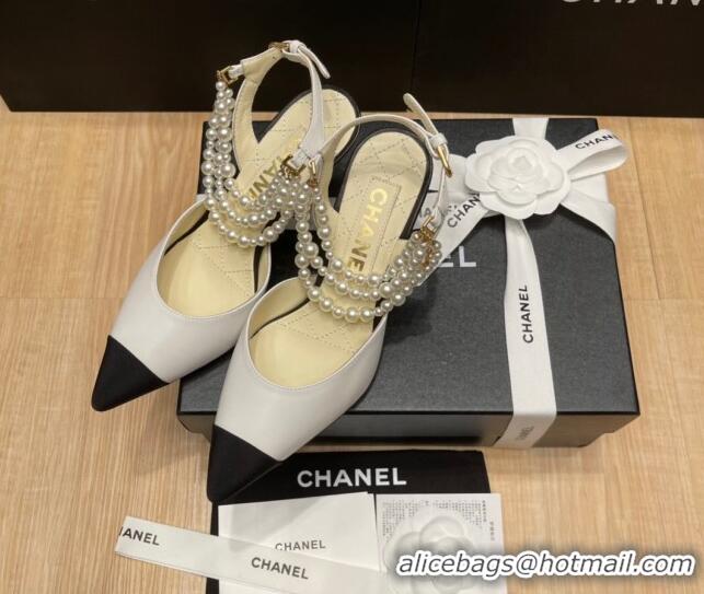 Most Popular Chanel Lambskin Heeled Pearl Slingback Pumps 9cm G37532 White 325063