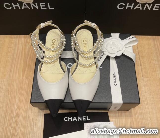 Luxury Discount Chanel Lambskin Flat Pearl Slingbacks G37532 White 325064