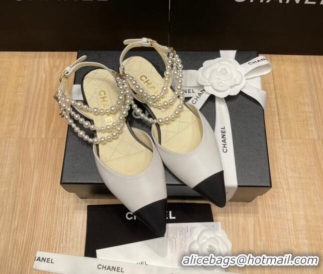 Luxury Discount Chanel Lambskin Flat Pearl Slingbacks G37532 White 325064