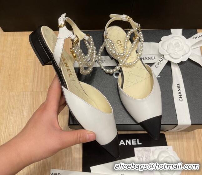 Luxury Discount Chanel Lambskin Flat Pearl Slingbacks G37532 White 325064