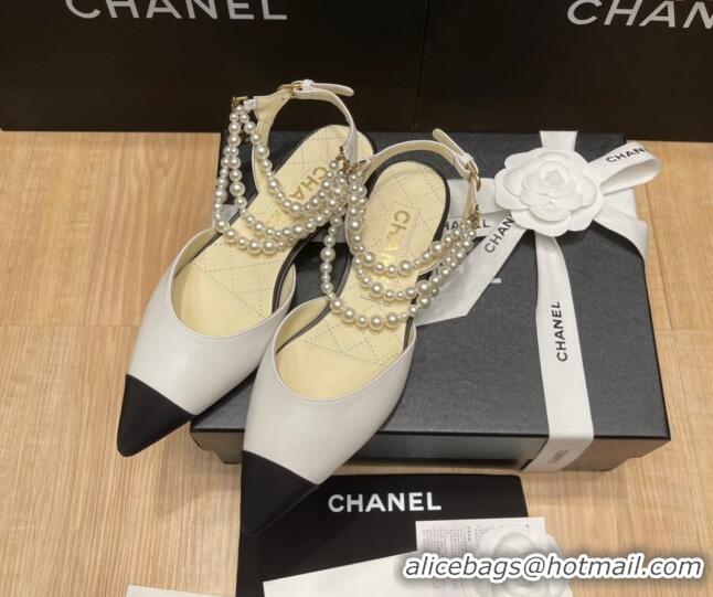 Luxury Discount Chanel Lambskin Flat Pearl Slingbacks G37532 White 325064