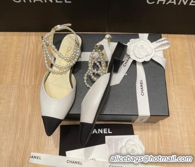 Luxury Discount Chanel Lambskin Flat Pearl Slingbacks G37532 White 325064