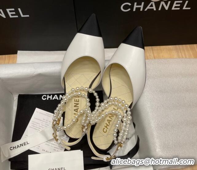 Luxury Discount Chanel Lambskin Flat Pearl Slingbacks G37532 White 325064