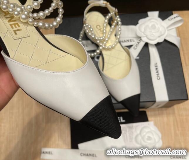 Luxury Discount Chanel Lambskin Flat Pearl Slingbacks G37532 White 325064