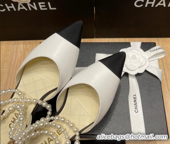 Luxury Discount Chanel Lambskin Flat Pearl Slingbacks G37532 White 325064