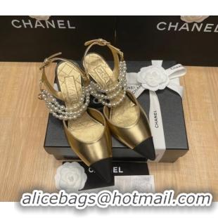 Luxury Chanel Lambskin Heeled Pearl Slingback Pumps 9cm G37532 Gold 325065