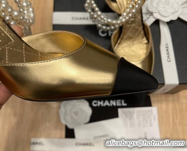 Luxury Chanel Lambskin Heeled Pearl Slingback Pumps 9cm G37532 Gold 325065