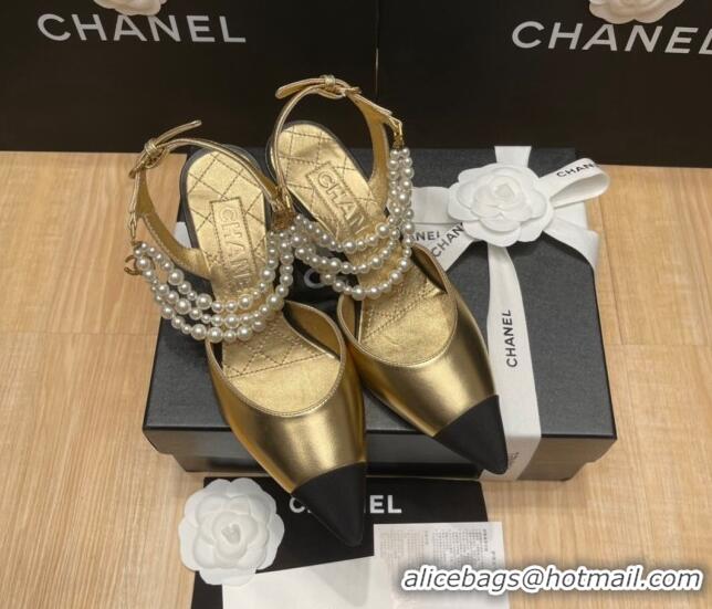 Luxury Chanel Lambskin Heeled Pearl Slingback Pumps 9cm G37532 Gold 325065