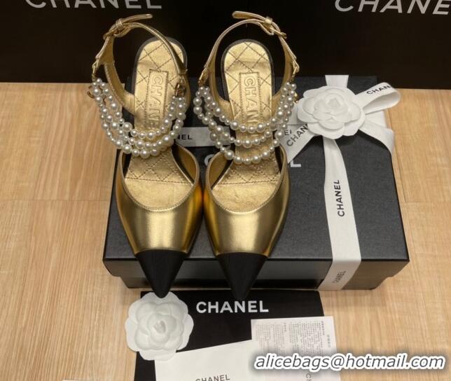 Luxury Chanel Lambskin Heeled Pearl Slingback Pumps 9cm G37532 Gold 325065