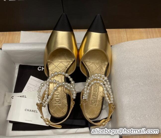 Luxury Chanel Lambskin Heeled Pearl Slingback Pumps 9cm G37532 Gold 325065