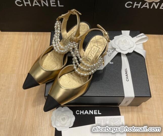 Luxury Chanel Lambskin Heeled Pearl Slingback Pumps 9cm G37532 Gold 325065