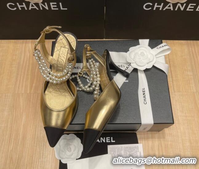 Luxury Chanel Lambskin Heeled Pearl Slingback Pumps 9cm G37532 Gold 325065