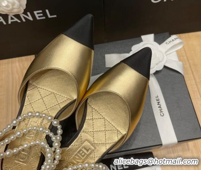 Lower Price Chanel Lambskin Flat Pearl Slingbacks G37532 Gold 325066